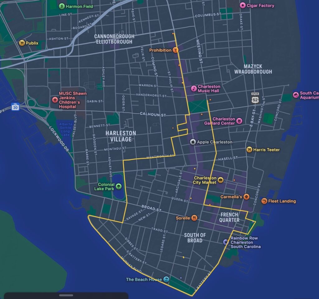 Charleston walking map in downtown