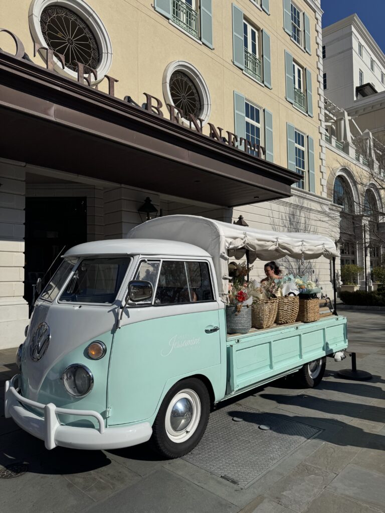 Hotel Bennett with teal flower cart in front