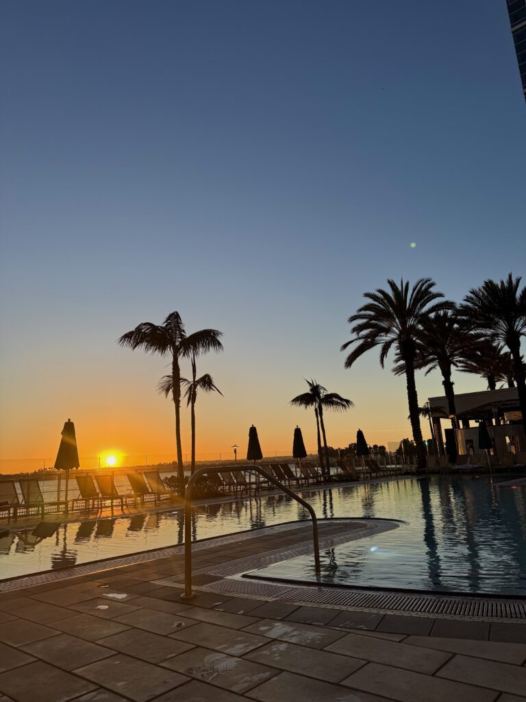 Hotel pool at sunset with palm trees