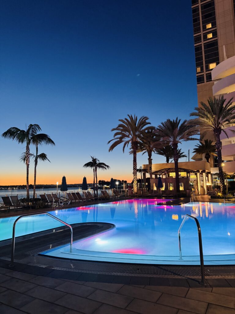 Hotel pool at dusk with palm trees and pool lights