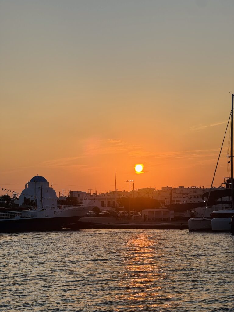 Sunset over the island of Antiparos in Greece