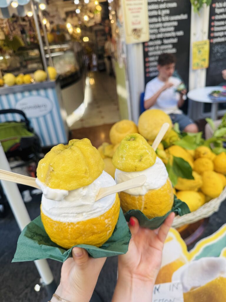Lemon gelato inside of a lemon in Sorrento