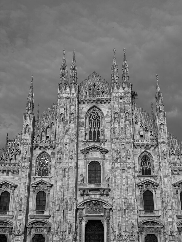 Black and white photo of The Duomo di Milano in Milan Italy