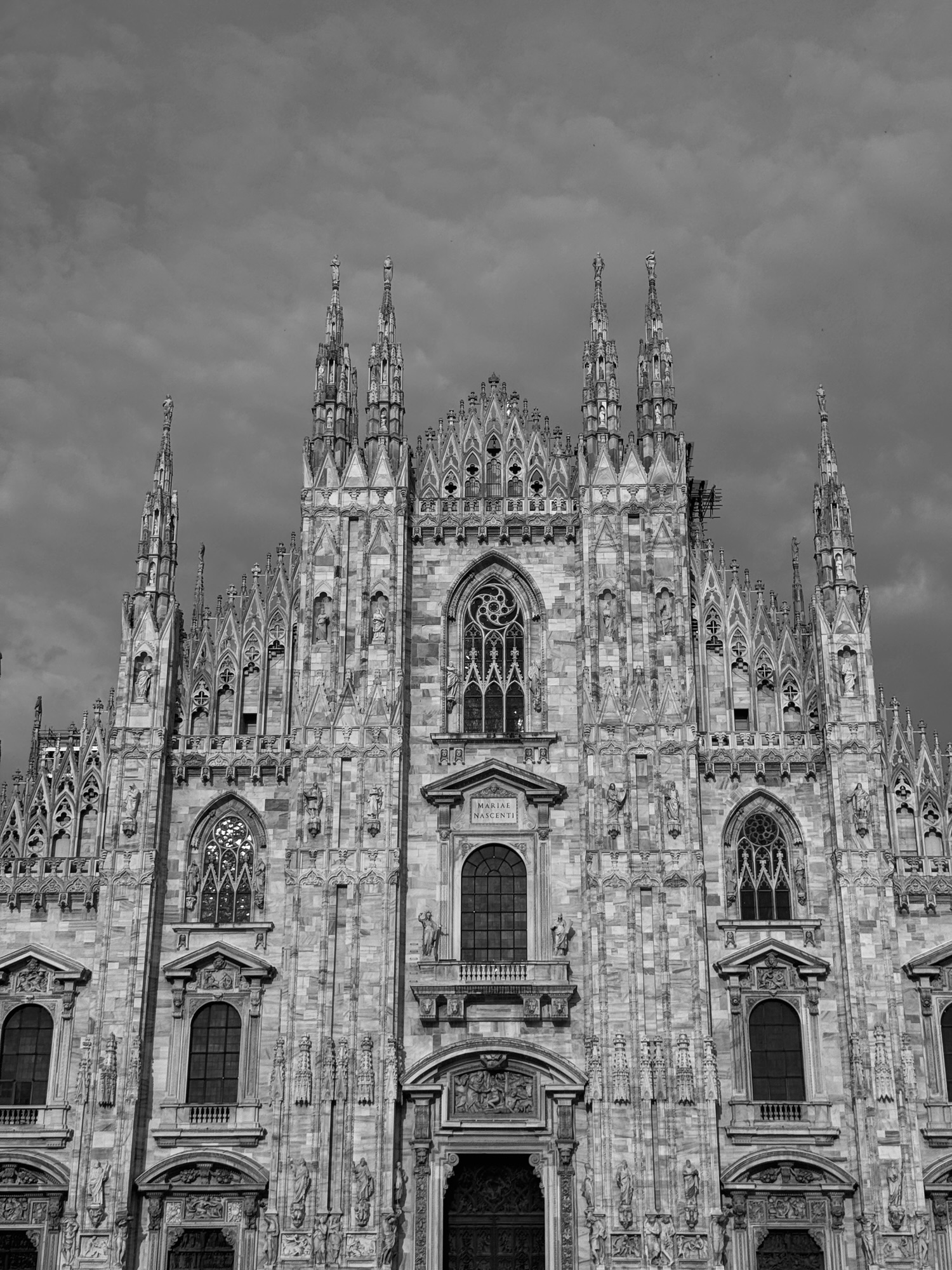 Black and white photo of The Duomo di Milano in Milan Italy