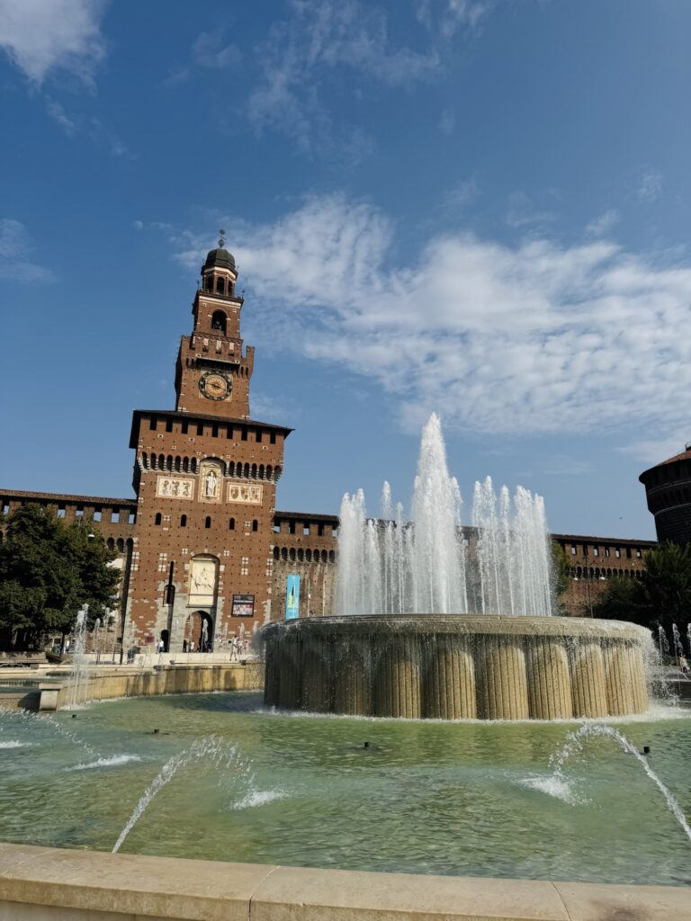 Fountain in front of Castello Sforzesco in Milan Italy